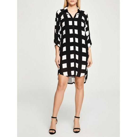 ALFANI Womens XL Black White Geometric Button-Down Tunic Roll Up Sleeve - Picture 1 of 6